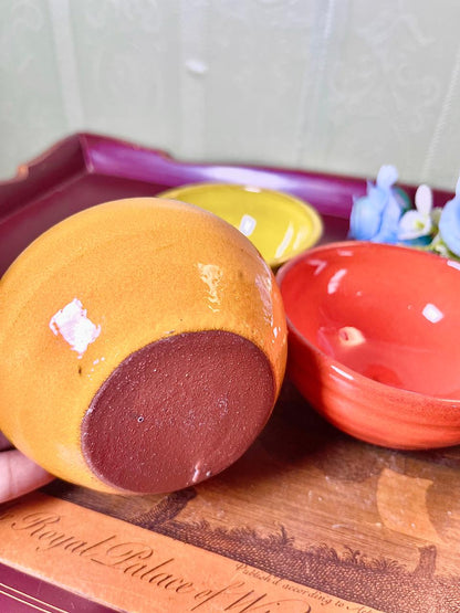 Set of 3 Colourful Glazed Stoneware Bowls Red Yellow & Mustard Approx. 4 Inch