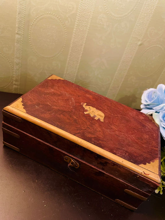 Vintage Wooden Jewellery Case with Brass Elephant Inlay
