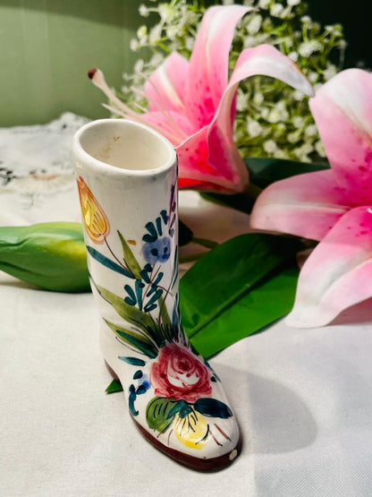 Vintage Hand-Painted Floral Ceramic Shoe Vase 10 cm
