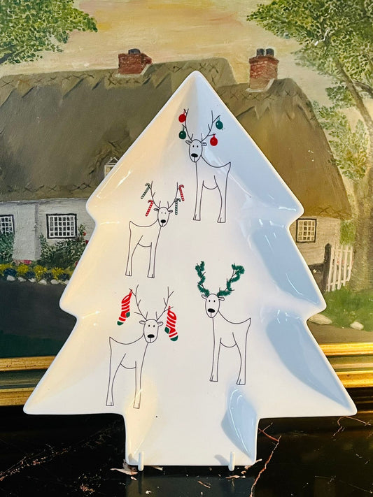 Christmas Tree Shaped Porcelain Serving Plate – Festive Reindeer Holiday Dish