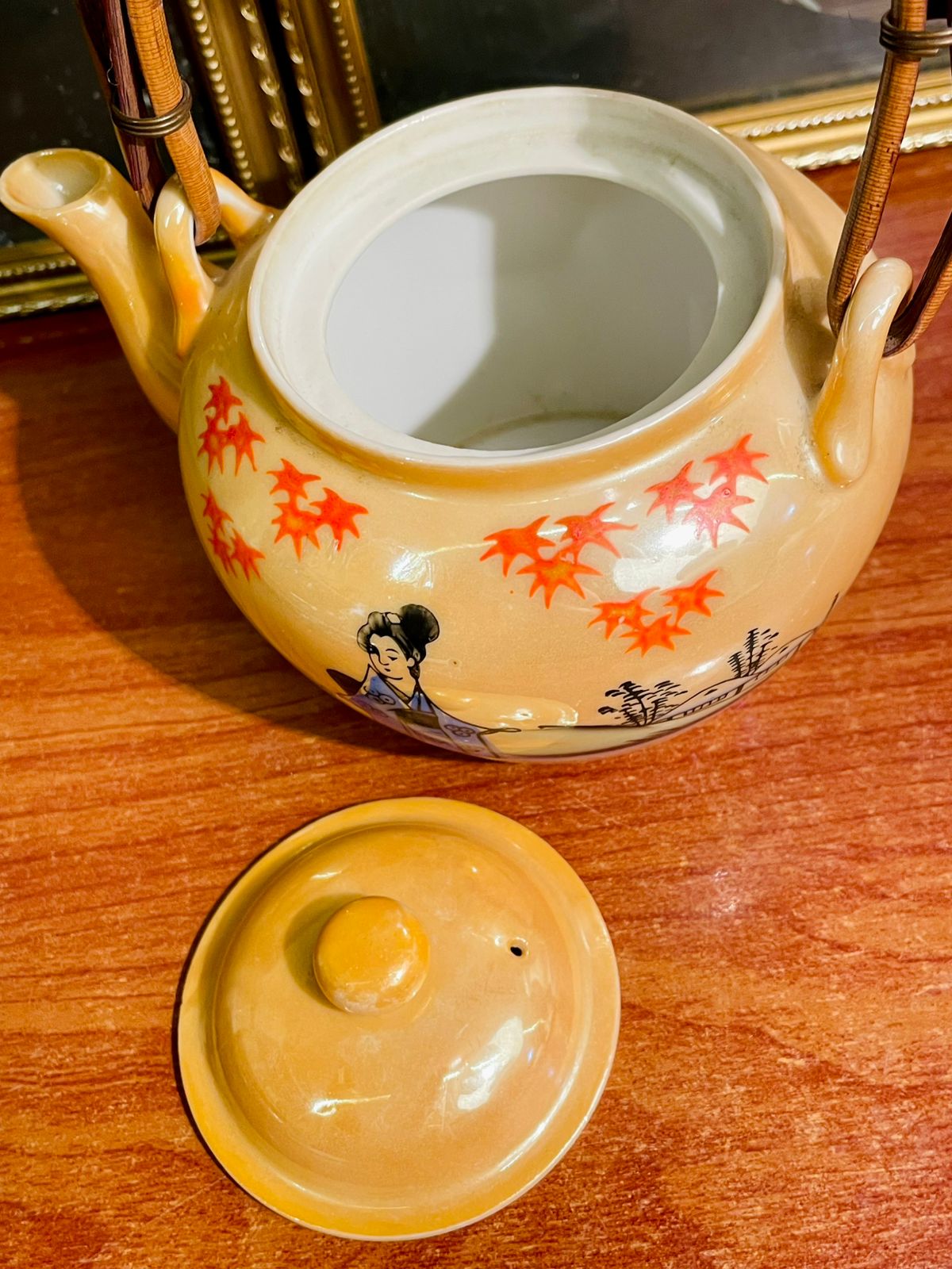 Vintage Japanese Style Ceramic Teapot with Bamboo Handle – Hand-Painted Geisha & Maple Leaves
