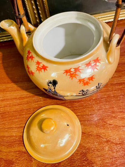 Vintage Japanese Style Ceramic Teapot with Bamboo Handle – Hand-Painted Geisha & Maple Leaves
