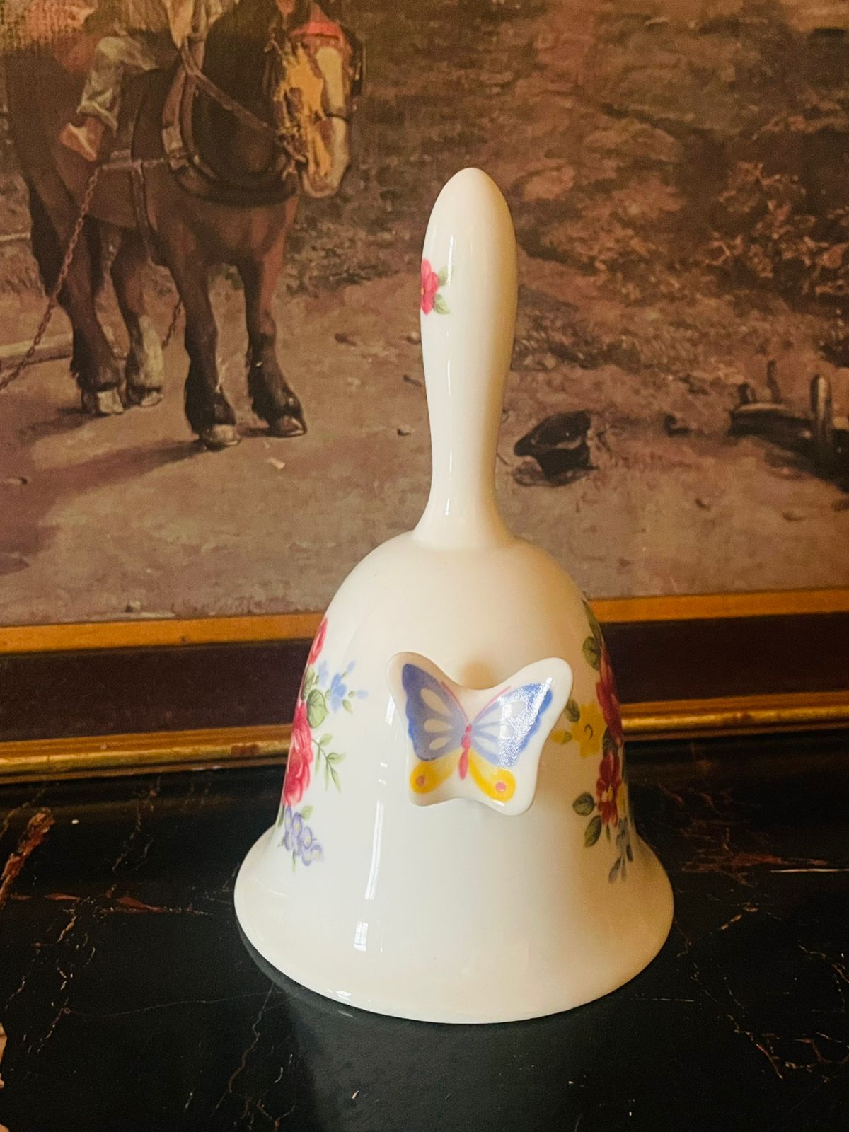 Vintage English Fine Bone Table Bell – Floral Design with 3d Butterfly
