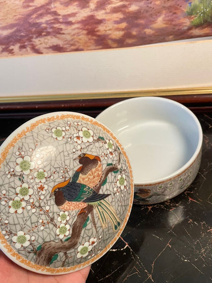 Hand-painted Oriental Porcelain Trinket Box – Bird & Floral Motif