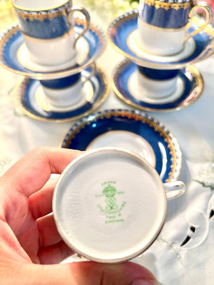 Vintage Cobalt Blue & Gold English Coffee Cup & Saucer Set – 10 Pieces