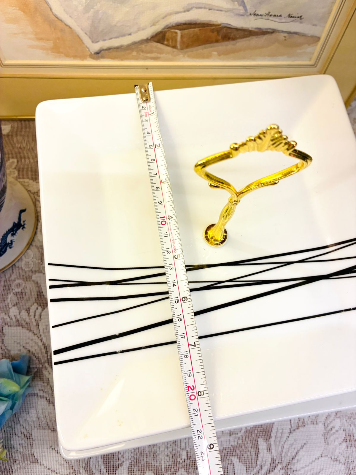 Elegant Two-Tiered Serving Platter – White Porcelain with Black Stripes