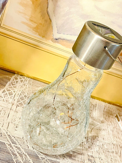Crackle Glass Solar Fairy Light Bottle — Hanging Garden Decor (7in)