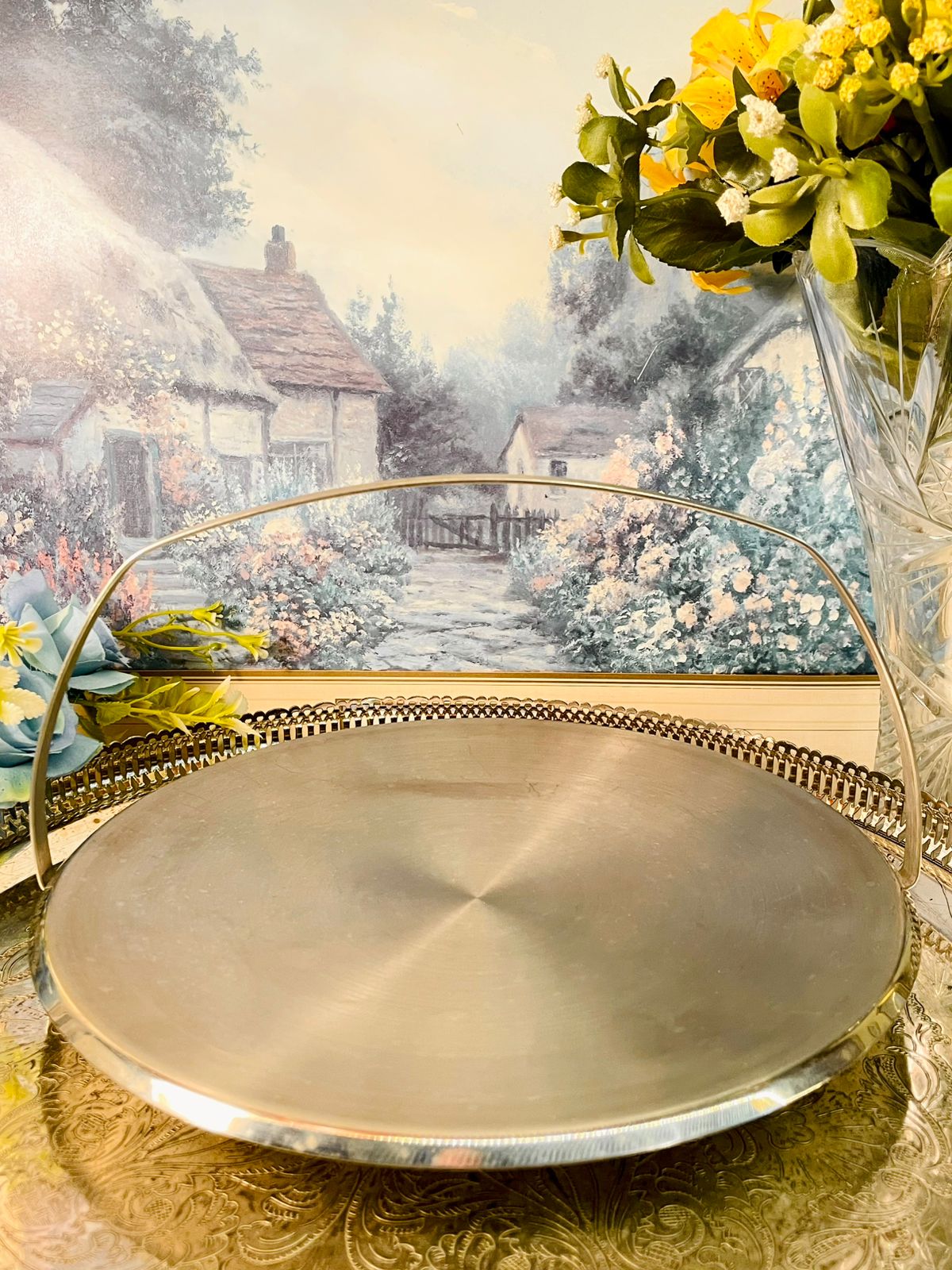 Vintage Silver Tone Serving Tray with Handle