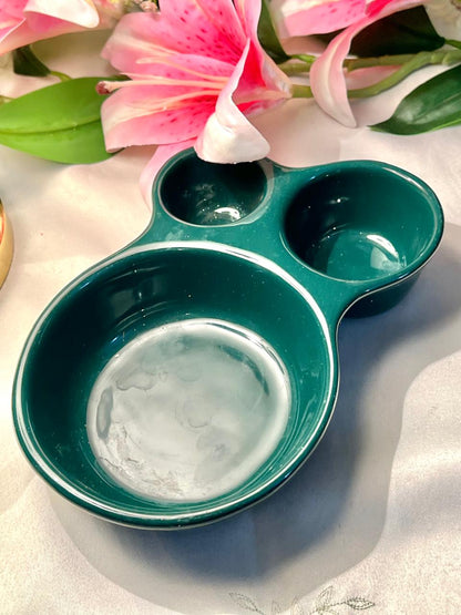 Vintage Hand Painted Green 3-Section Serving Dish Approx. 20 cm