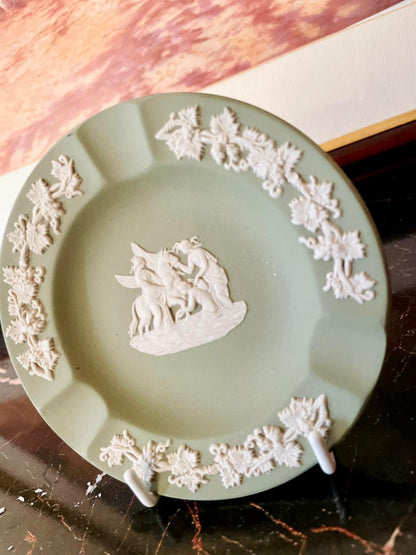 Vintage Wedgwood Jasperware Green Ashtray / Trinket Dish with White Relief – England