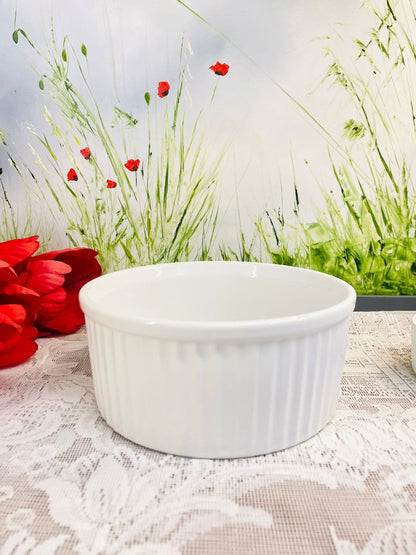 Vintage White Ribbed Ceramic Ramekin Bowl Set
