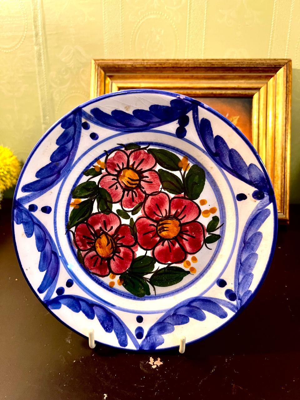 10 Inch Hand-Painted Floral Ceramic Decorative Plate – Blue & Red
