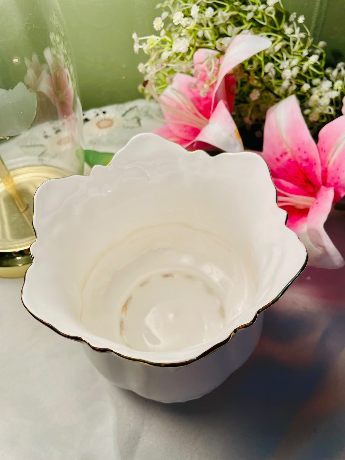 Vintage Brosonic Bone China Victoriana Cachepot – White Embossed Gold-Trim Planter – Made in England