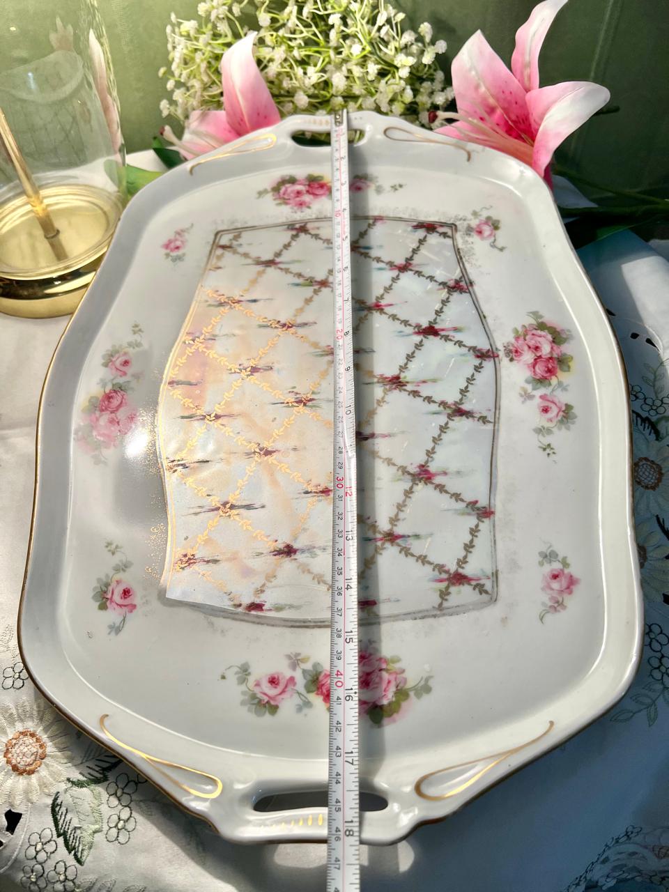 Vintage Floral Ceramic Serving Tray with Handles 46 cm
