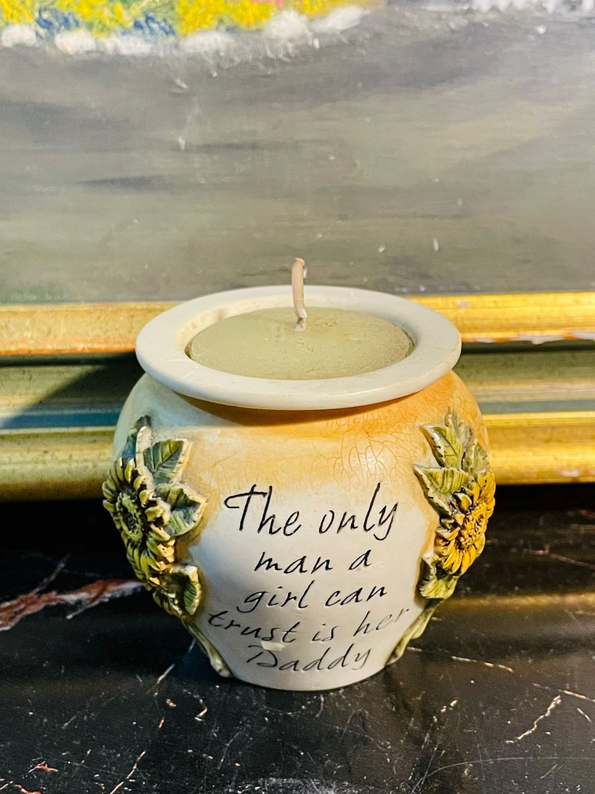 daddyquote, sunflowerdecor, sentimentalgift, ceramiccandle, rusticcharm, cozyhome, fatherdaughterbond, heartfeltgift, vintagefindspakistan, sunsetkitchen
