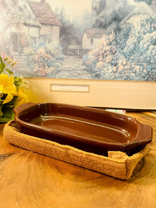 Vintage Brown Ceramic Serving Dish with Handles & Tray