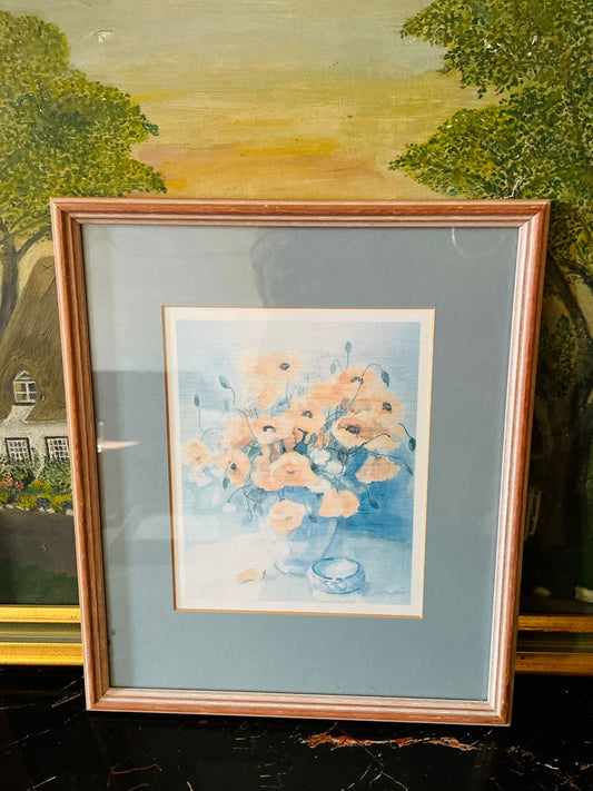 vintage wall art, floral wall art, poppy flower art, pastel flower painting, framed artwork, cottagecore decor, home wall decor, botanical art print, peach flowers, vase art, english cottage style, feminine decor, affordable wall art, living room decoration, bedroom decor