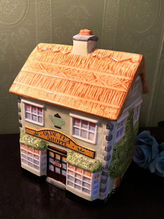 Vintage Olde Tea Shoppe Cookie Jar Ceramic Cottage Canister