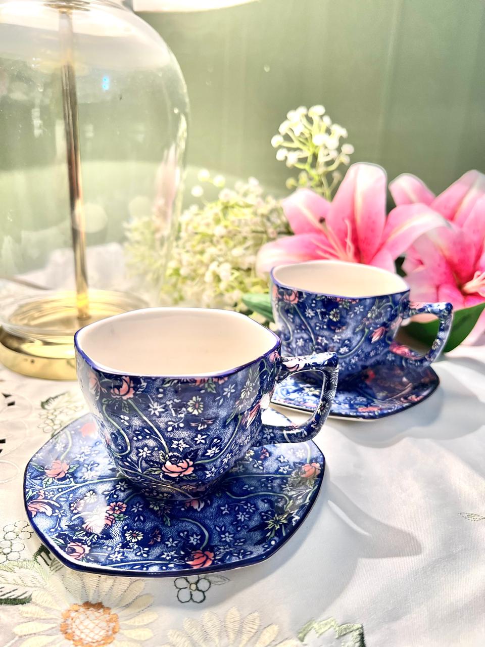 Ringtons Fine China Blue Chintz Cup & Saucer Set – Set of 2