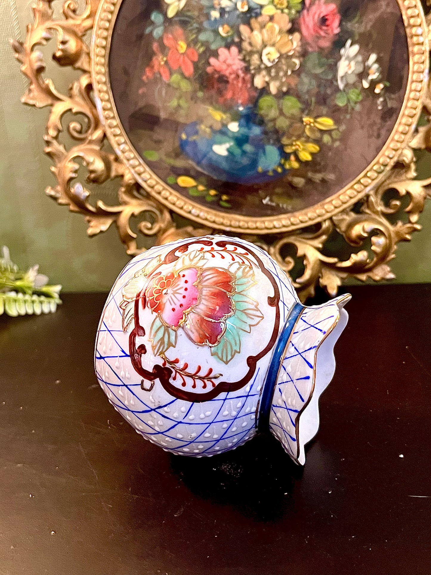 Vintage Hand-Painted Floral Ceramic Vase with Scalloped Rim 4 Inch