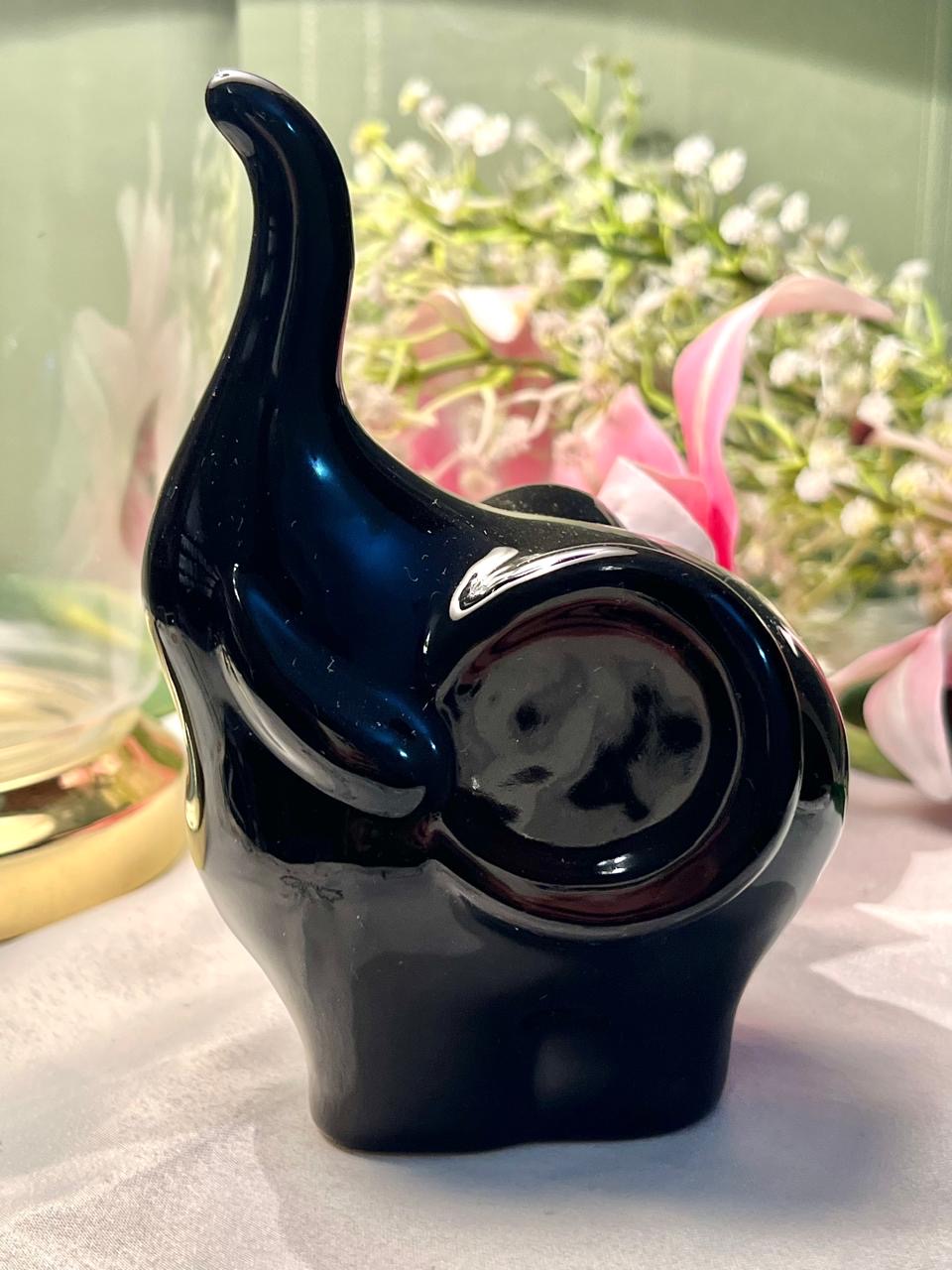 Black Elephant Figurine Glossy Ceramic Home Decor 15cm