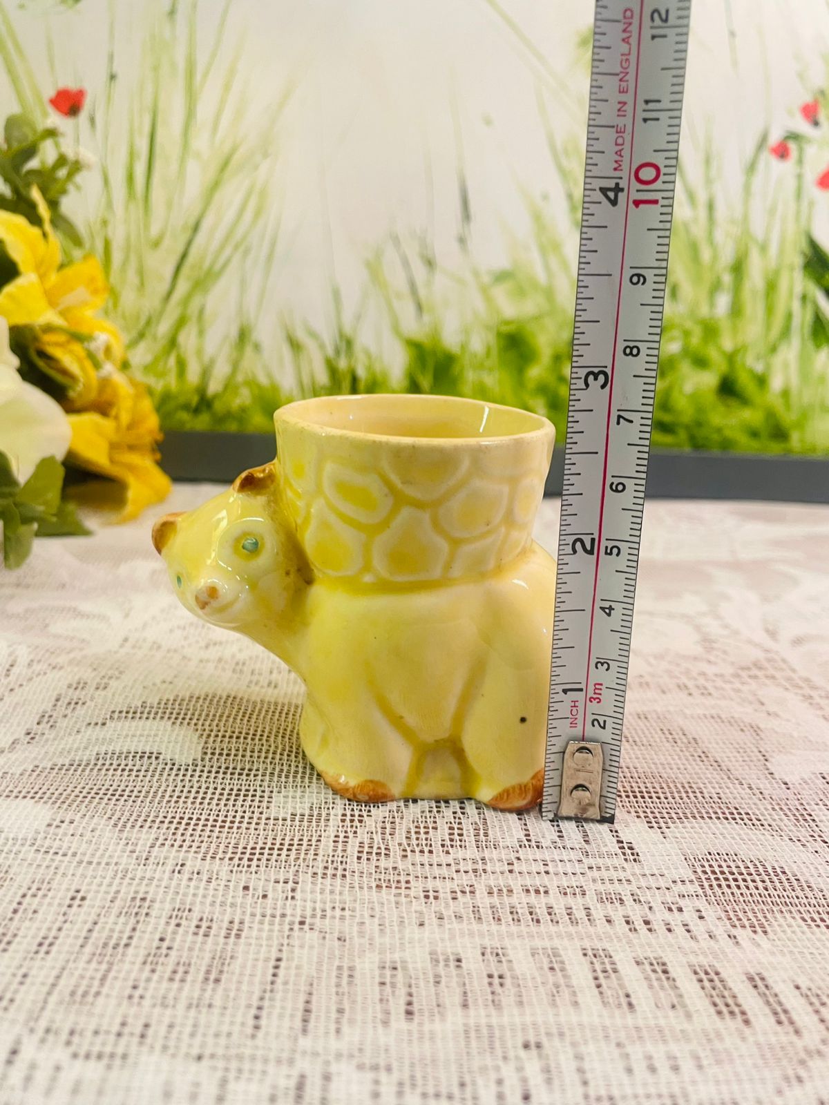 Vintage Yellow Ceramic Cat Egg Cup Holder