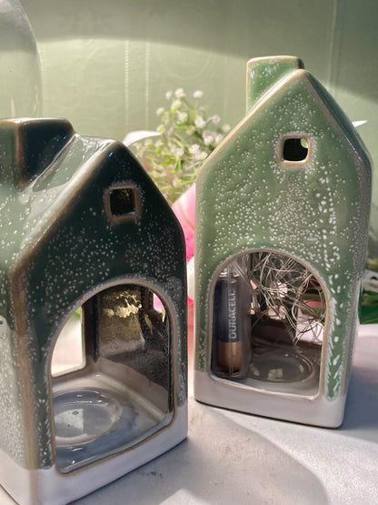 Green Ceramic House Lantern Set – 2 Pieces