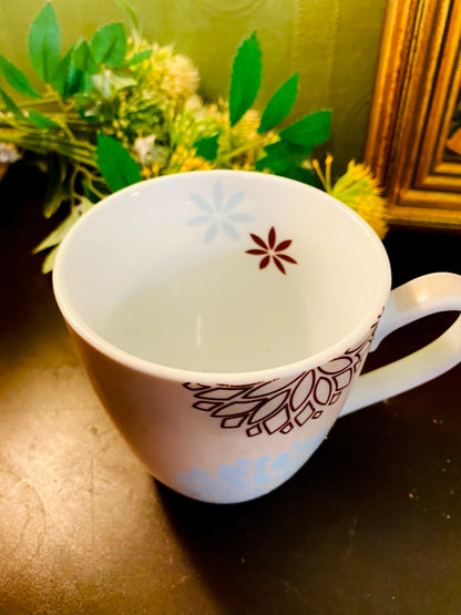 Modern Floral Ceramic Mug 4 Inch Blue & Brown Botanical Design