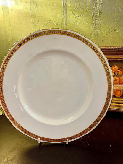 Vintage White Oval Serving Platter with Gold Greek Key Border – 10 Inch Porcelain Dish