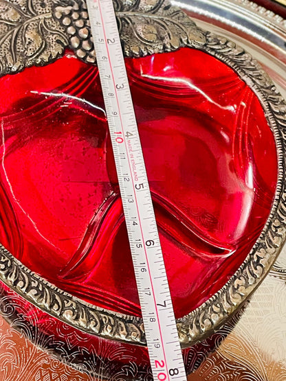 Red Glass & Metal Leaf-Shape Divided Serving Dish , Silverware