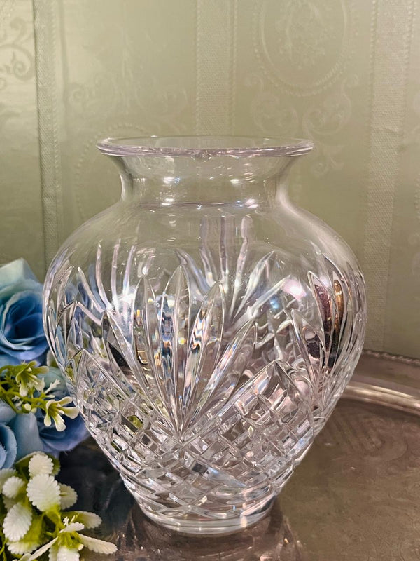 Vintage Large Cut Crystal Vase 16 cm Leaf Fan Design
