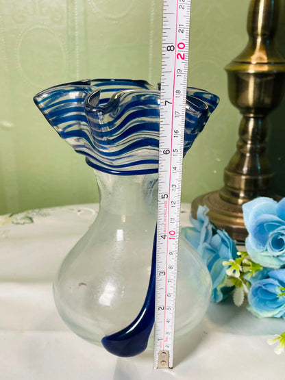 Vintage Blue Swirl Ruffle Art Glass Vase 18 cm