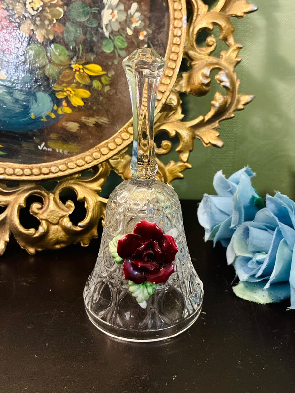 Vintage Clear Crystal Decorative Bell with Red Rose