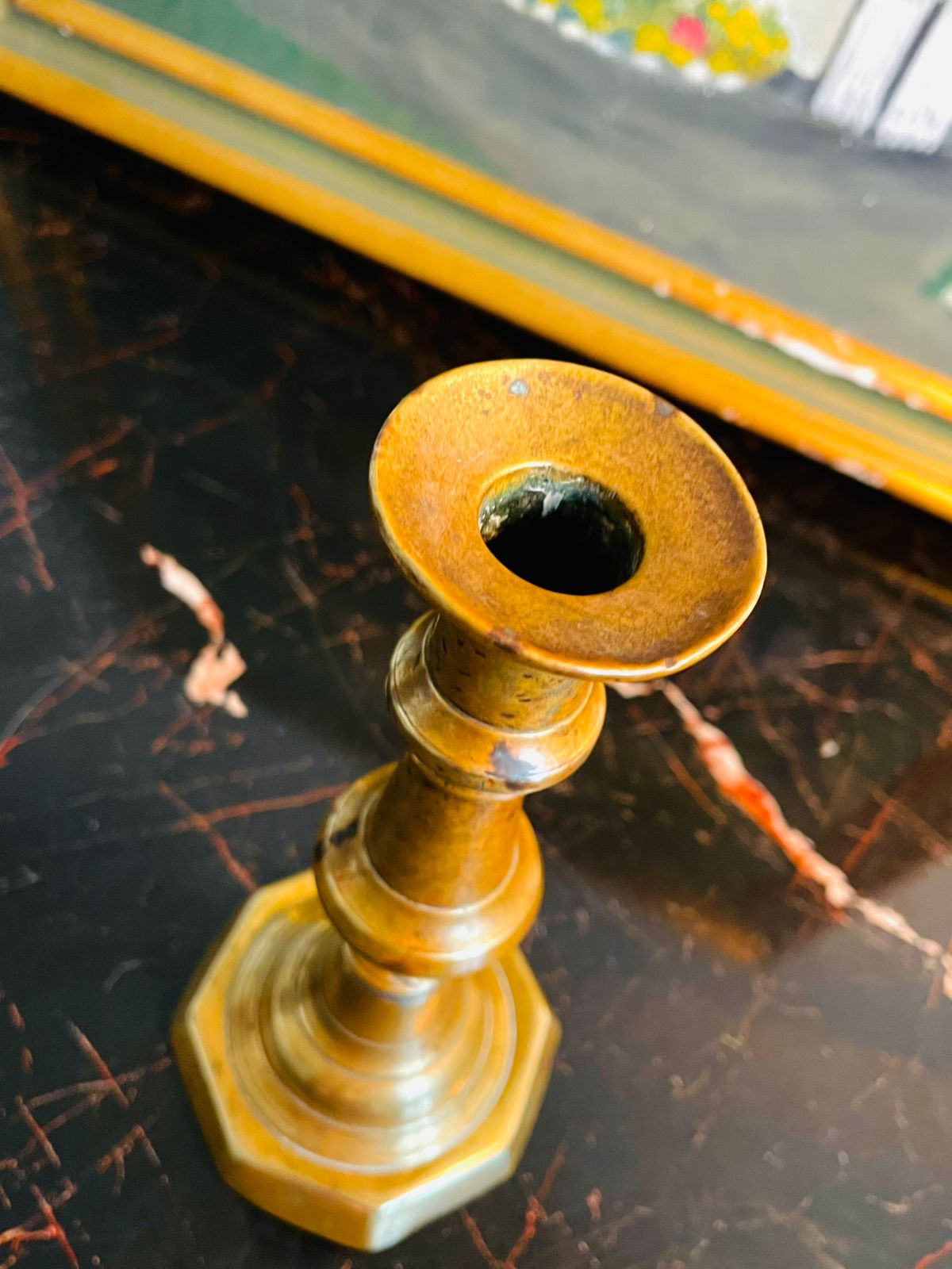 Vintage Brass Candlestick – Detailed Turned Mid-Section, Square Base