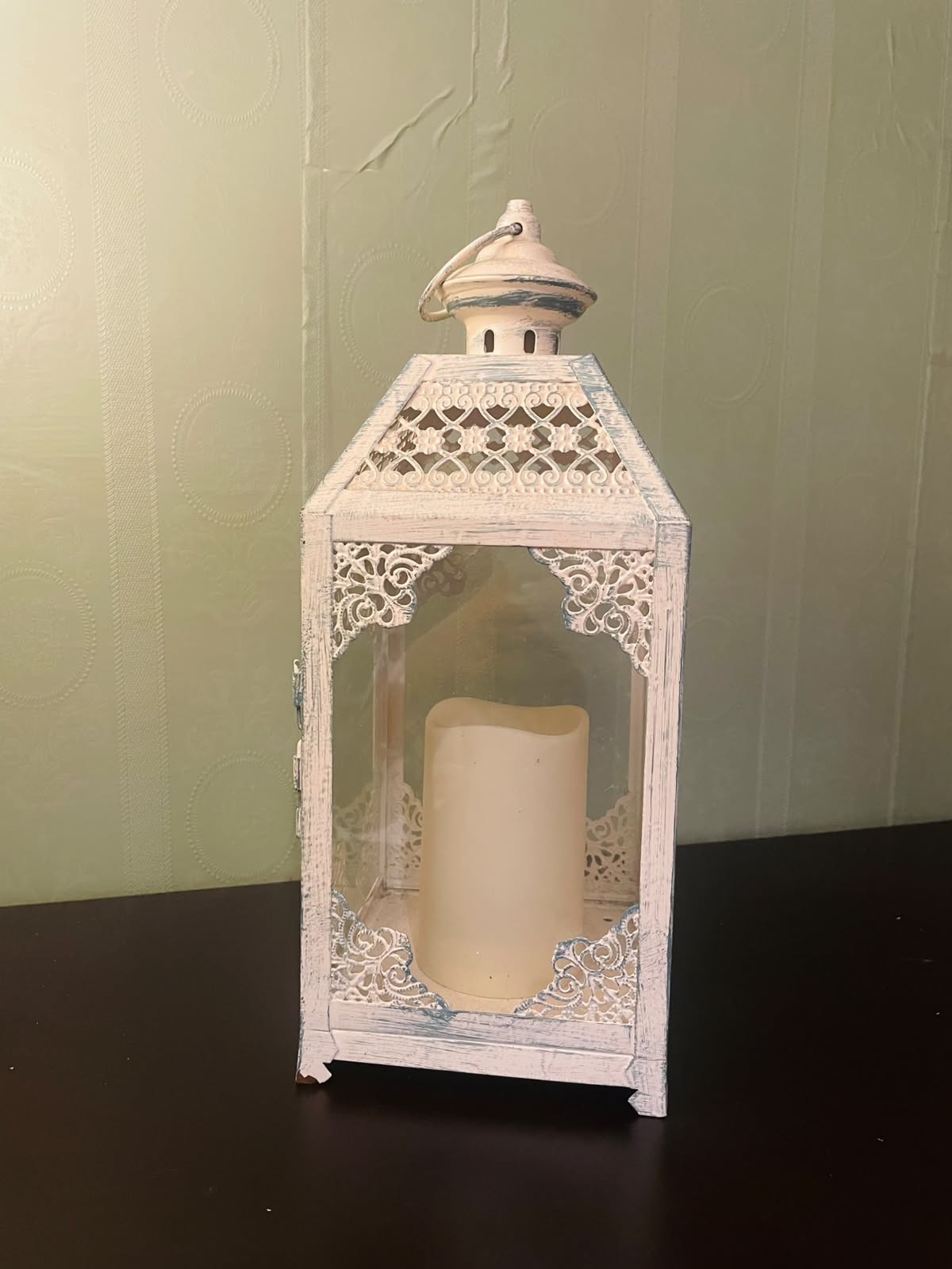 White Vintage-Style LED Lantern with Candle