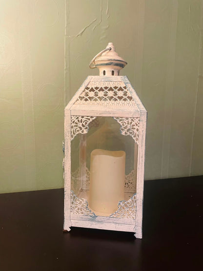 White Vintage-Style LED Lantern with Candle