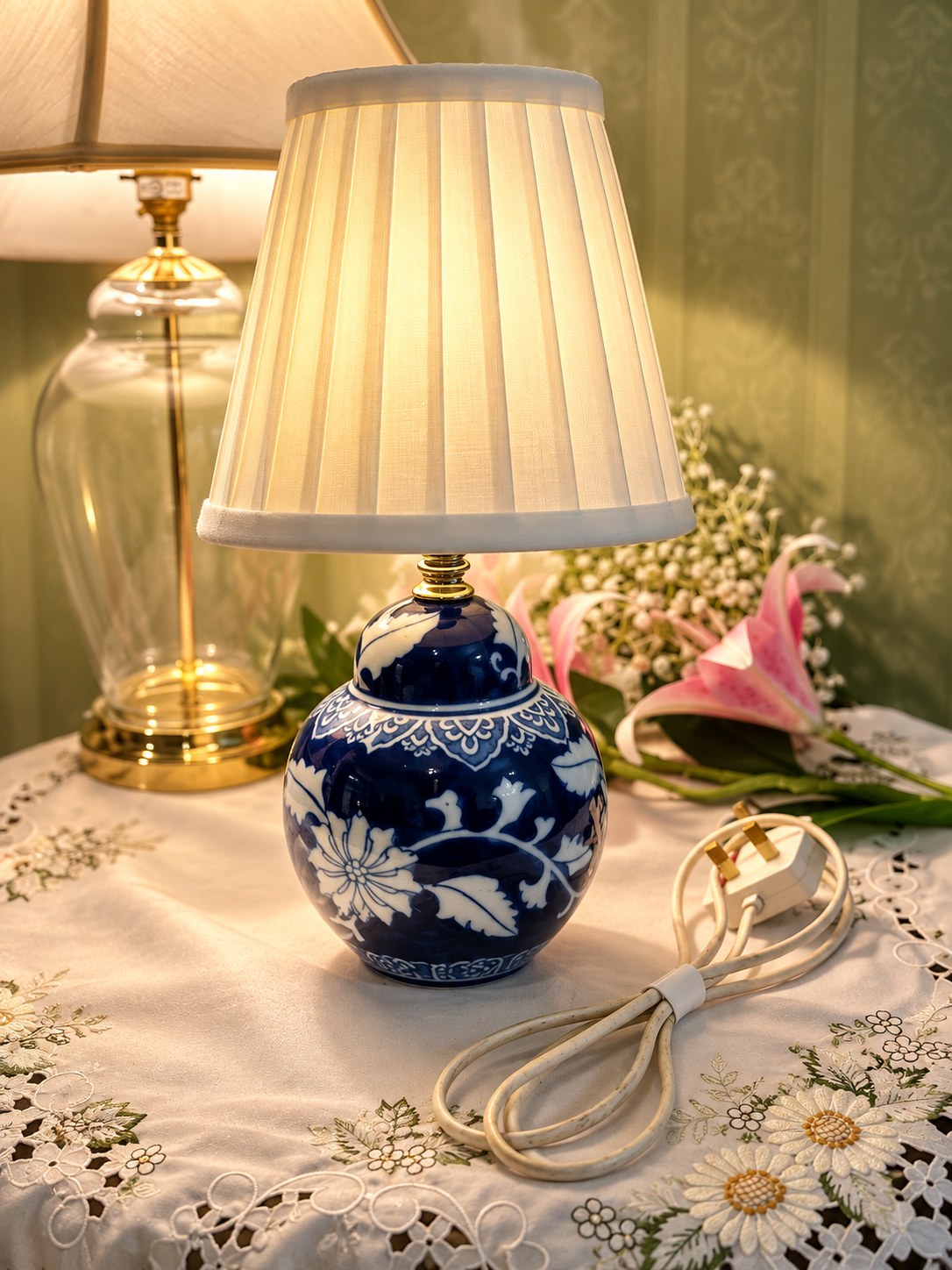 Blue & White Floral Table Lamp with Pleated Shade Approx. 33 cm