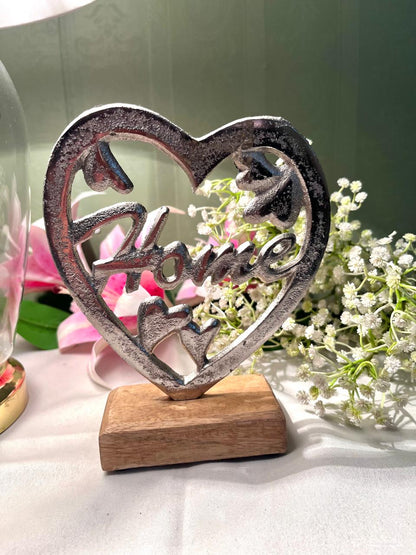 Silver-Tone Heart Home Decor on Wood Base 6.5 Inch