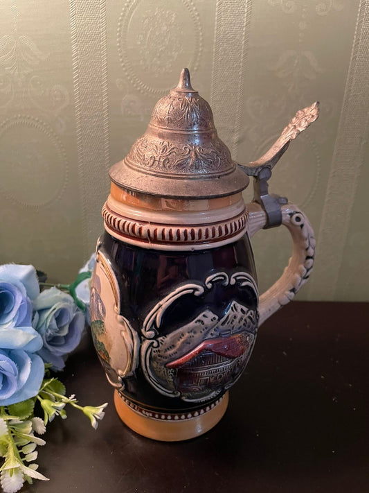 Vintage German-Style Mug with Pewter Lid