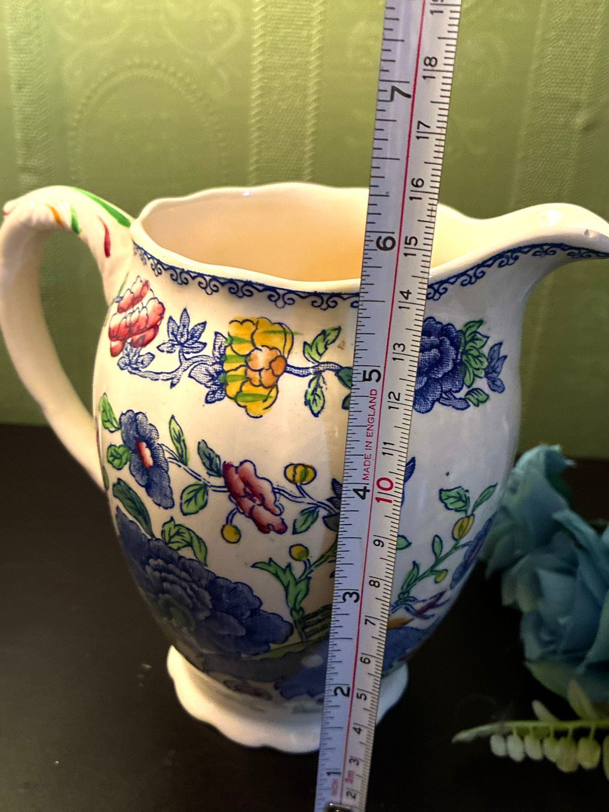 Vintage Chinoiserie Floral Jug Blue Ceramic Pitcher