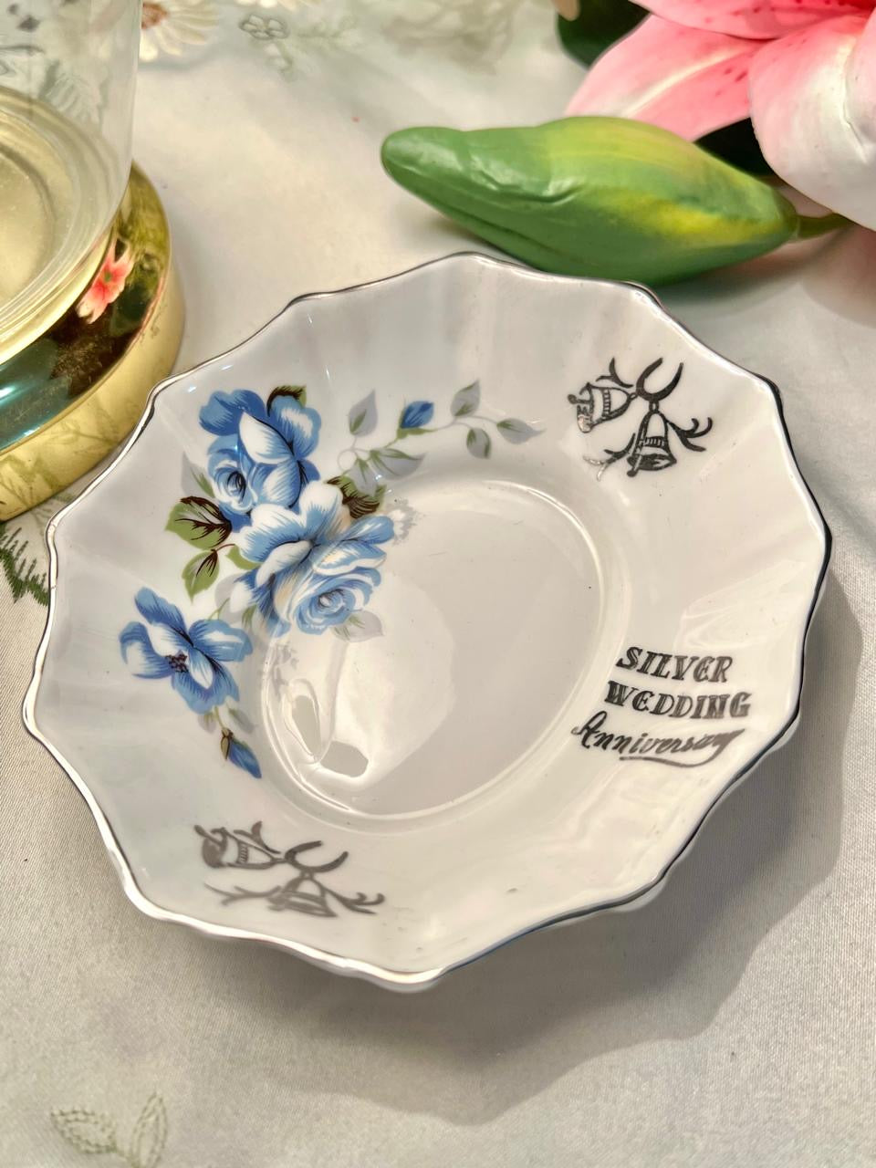 Royal Stafford Bone China Silver Wedding Dish Blue Floral 14 cm