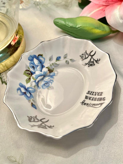 Royal Stafford Bone China Silver Wedding Dish Blue Floral 14 cm