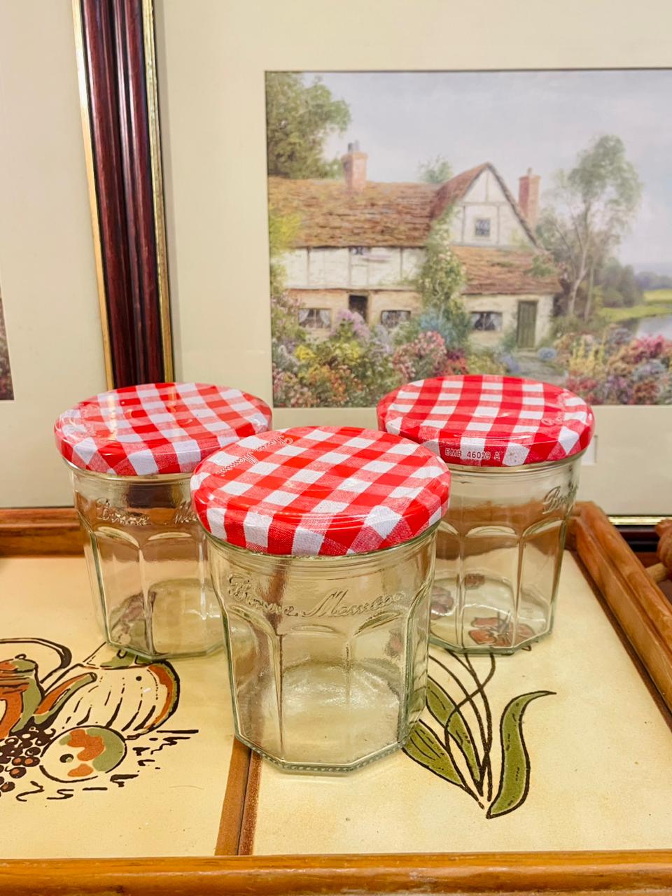 Bonne Maman jars, French jam jars, glass storage jars, gingham lid jars, rustic kitchen decor, farmhouse style decor, cottagecore kitchen, pantry containers, craft jars, vintage jars set