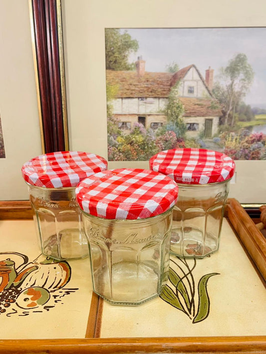 Bonne Maman jars, French jam jars, glass storage jars, gingham lid jars, rustic kitchen decor, farmhouse style decor, cottagecore kitchen, pantry containers, craft jars, vintage jars set