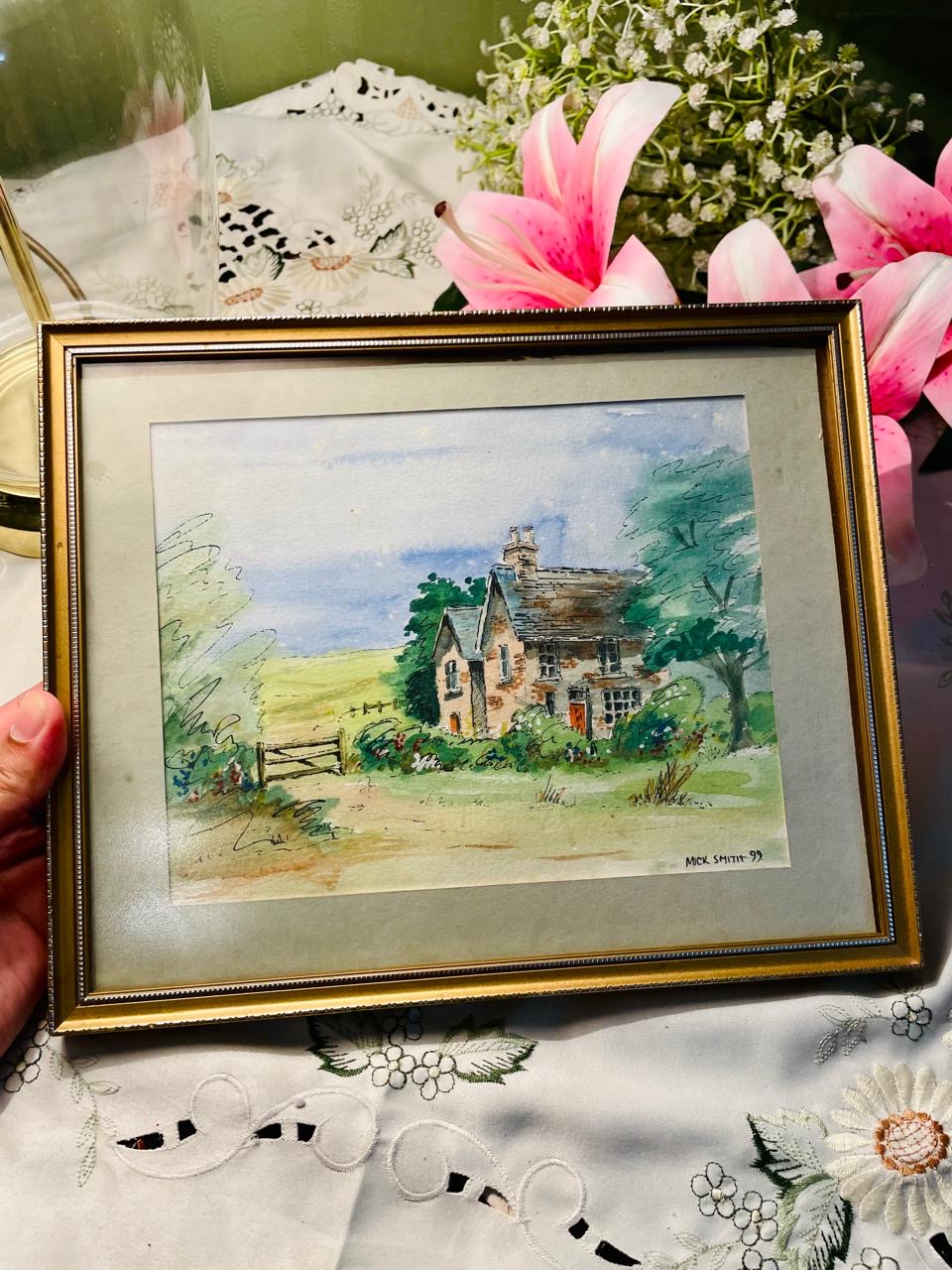 Framed Cottage Landscape Painting Gold-Tone Frame 31 cm