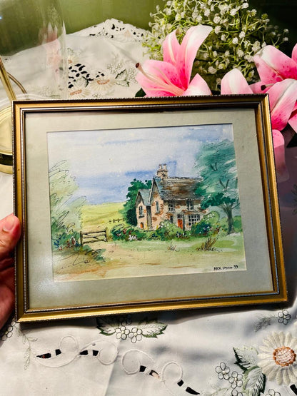 Framed Cottage Landscape Painting Gold-Tone Frame 31 cm