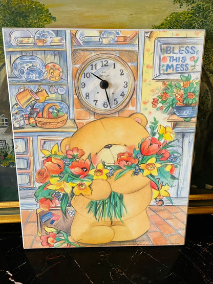 teddy bear clock, cute wall decor, cottage kitchen art, kids room clock, floral bear artwork, vintage wall clock, home decor Pakistan, Sunset Kitchen, gift for kids, adorable home decor