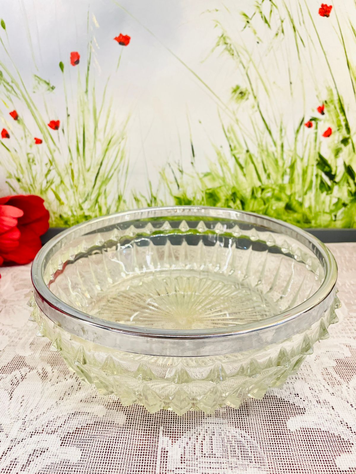 Vintage Large Cut Crystal Glass Bowl Silver Rim