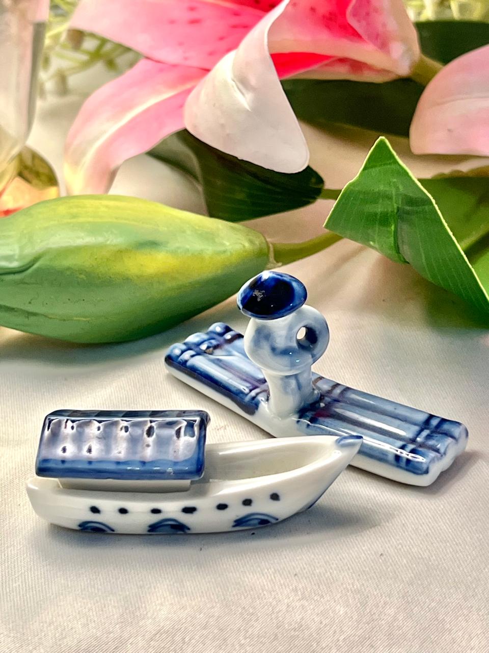 Vintage Blue & White Ceramic Boat Figurine Approx. 3.5 in
