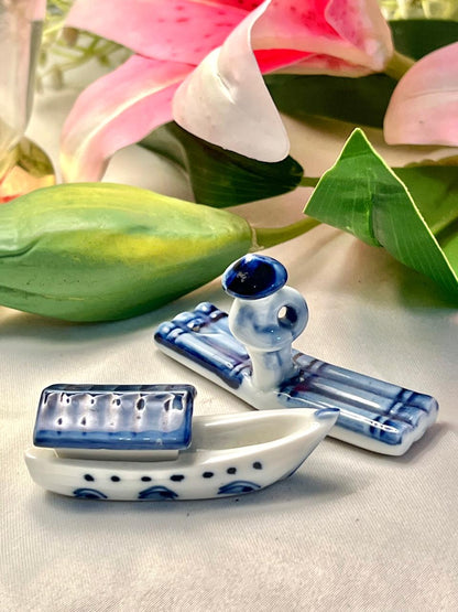 Vintage Blue & White Ceramic Boat Figurine Approx. 3.5 in